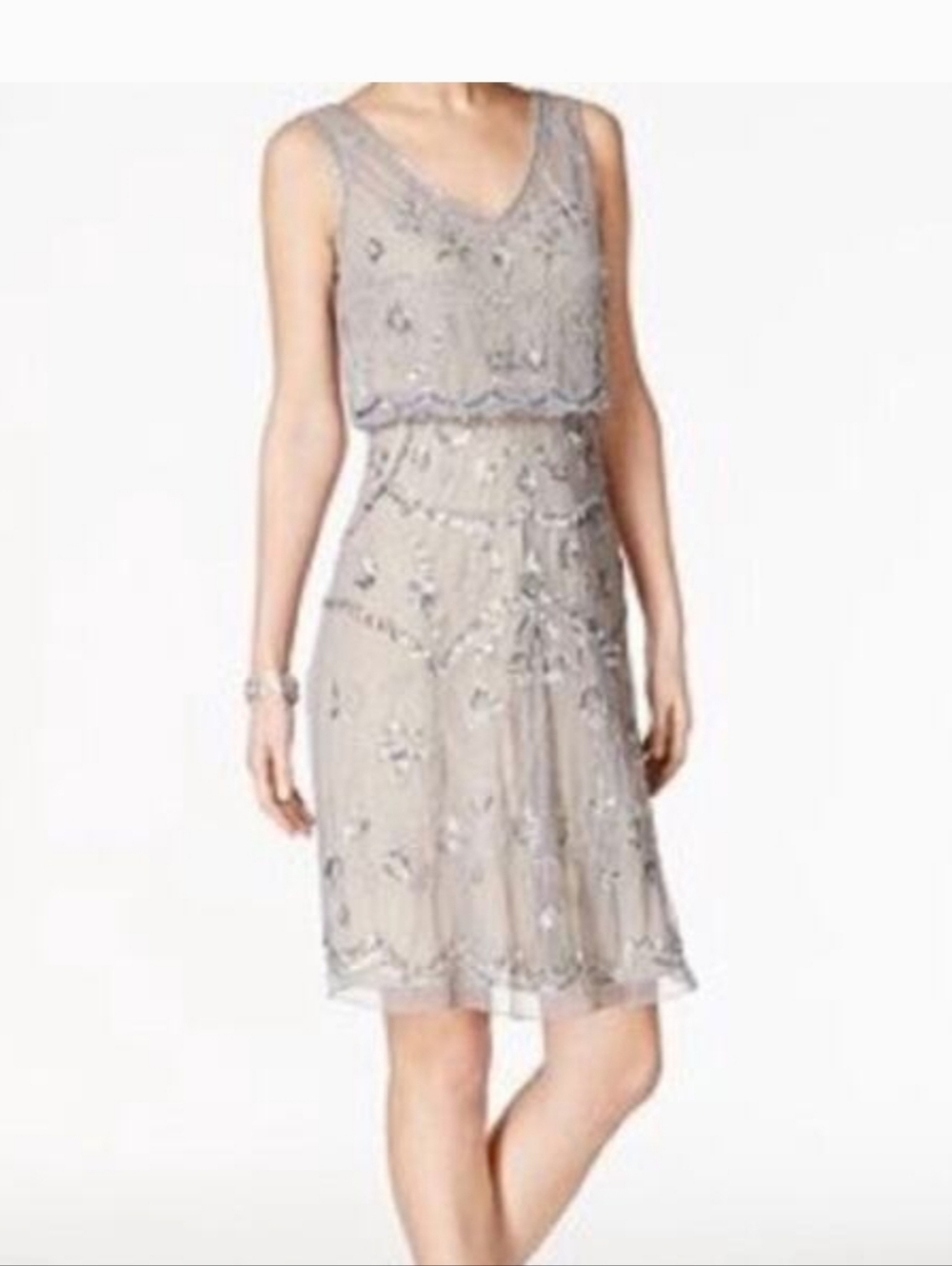 Adrianna Papell Silver Beaded Sheer Overlay Midi Dress